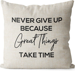Linen Throw Pillow Cover – Never Give Up Quote, 18x18