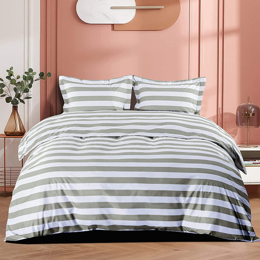 3 Pieces Smoke Gray and White Striped Pattern Microfiber Duvet Cover Set detail view by Fasiano