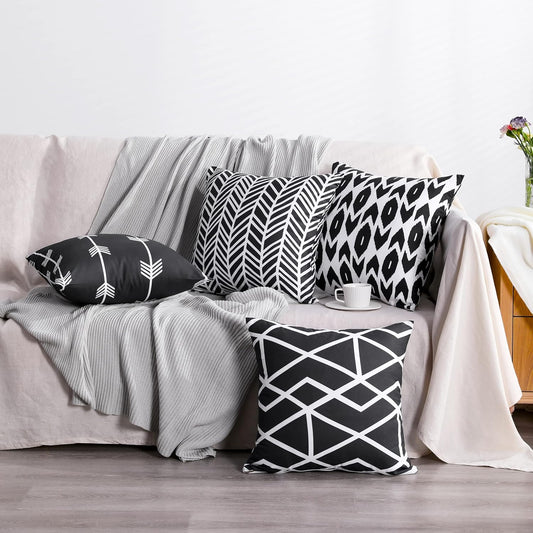 Microfiber Geometric Throw Pillow Cover – Black & White (18"x18") in a Fasiano bedroom setting