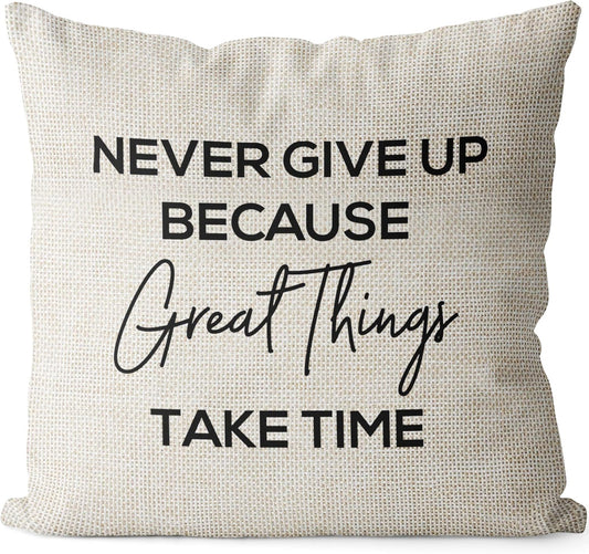 Linen Throw Pillow Cover – Never Give Up Quote, 18x18 in a Fasiano bedroom setting
