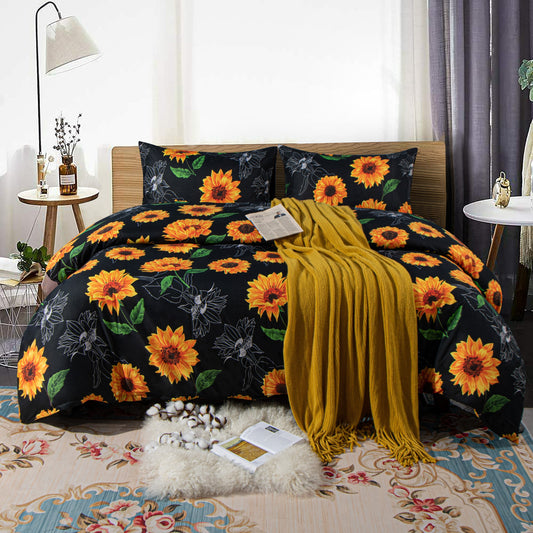 Queen Duvet Cover Set – 3 Pieces, Sunflower Print detail view by Fasiano