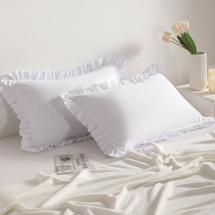 2 Pack Brushed Microfiber Ruffled Pillowcases, Soft Breathable Envelope Closure Decorative Bed Pillow Covers