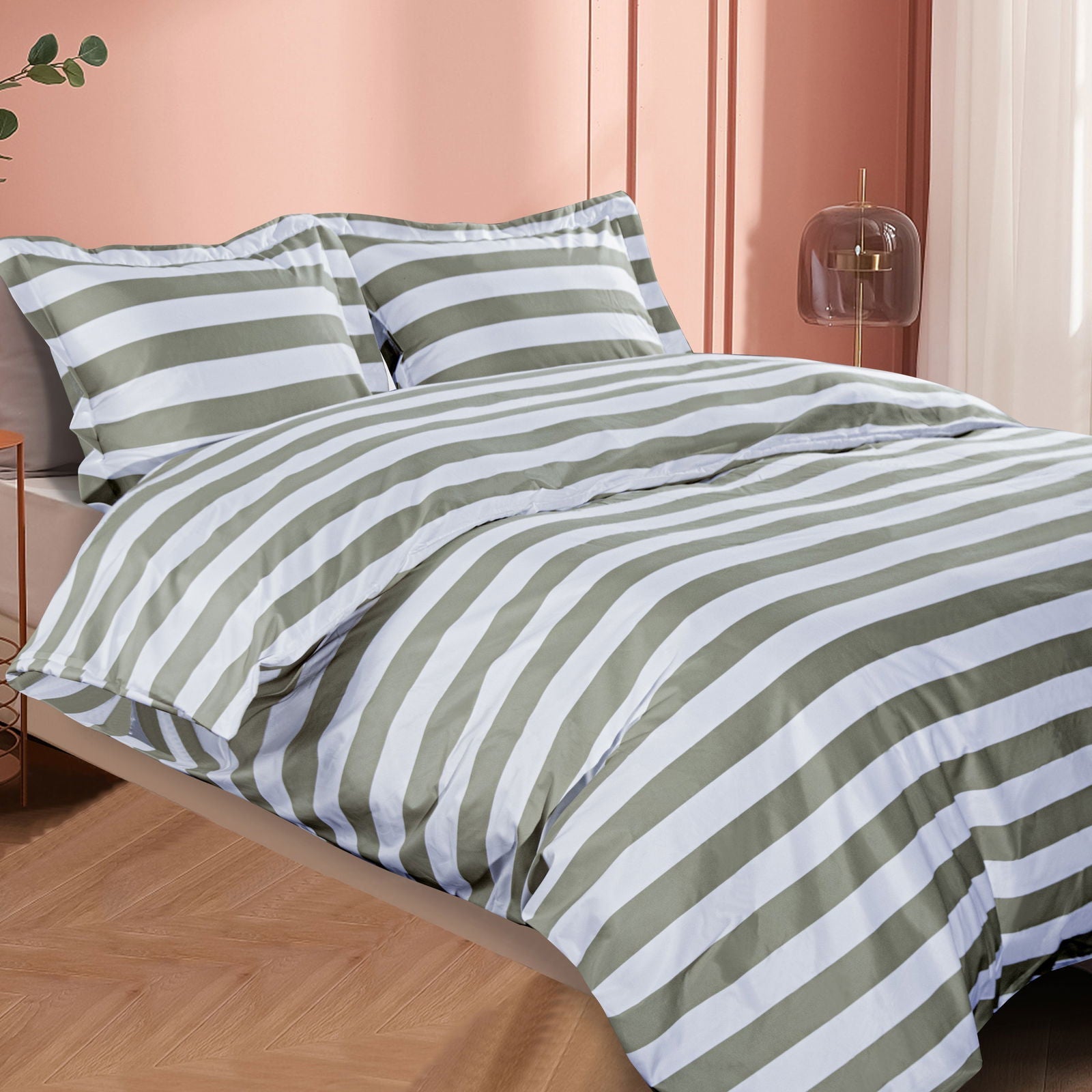 3 Pieces Smoke Gray and White Striped Pattern Microfiber Duvet Cover Set texture view by Fasiano