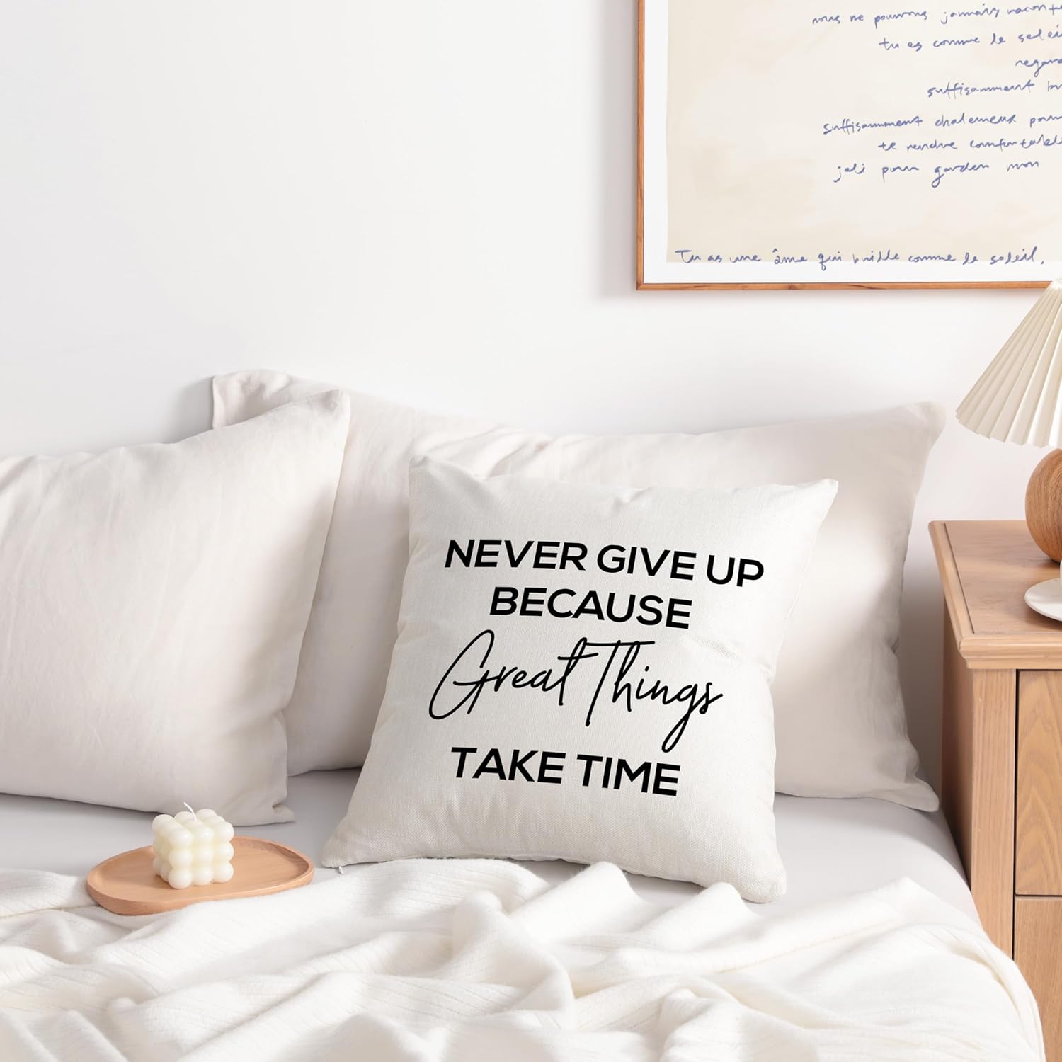 Linen Throw Pillow Cover – Never Give Up Quote, 18x18
