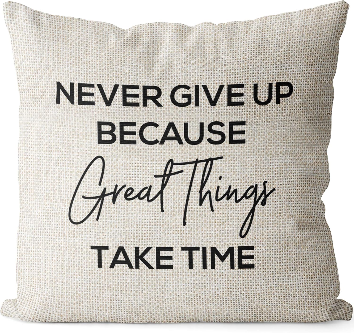 Linen Throw Pillow Cover – Never Give Up Quote, 18x18