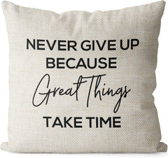 Linen Throw Pillow Cover – Never Give Up Quote, 18x18