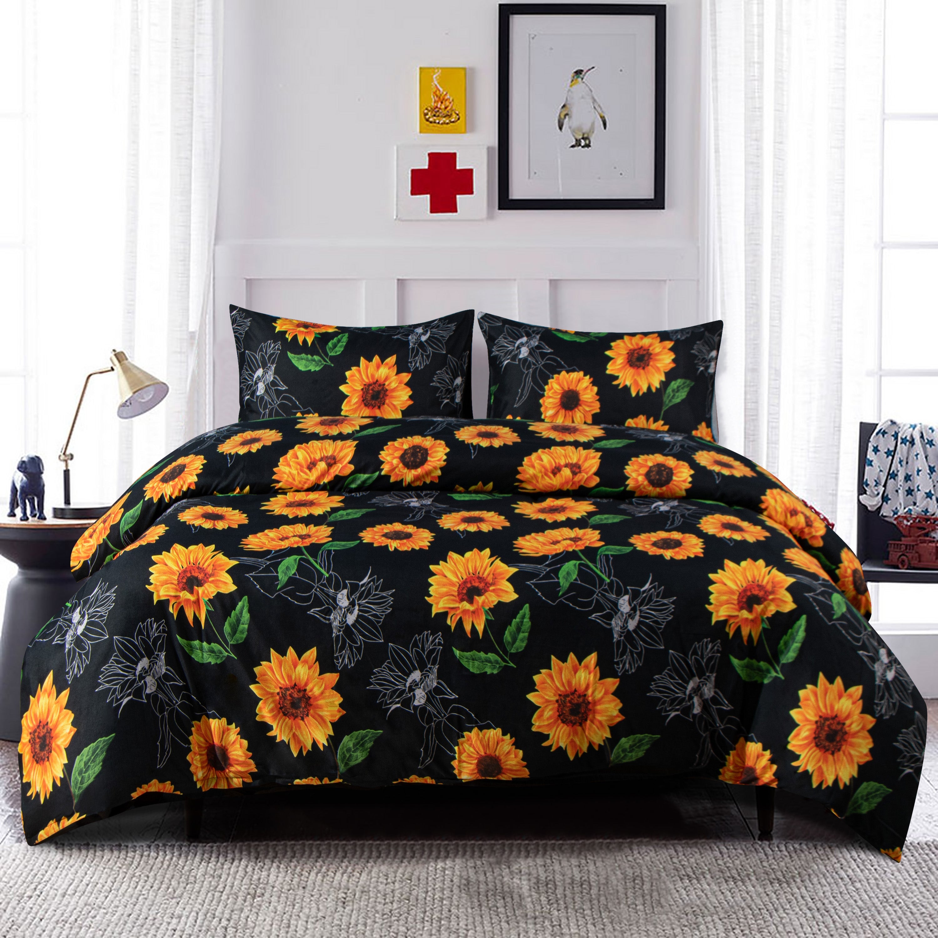 Queen Duvet Cover Set – 3 Pieces, Sunflower Print