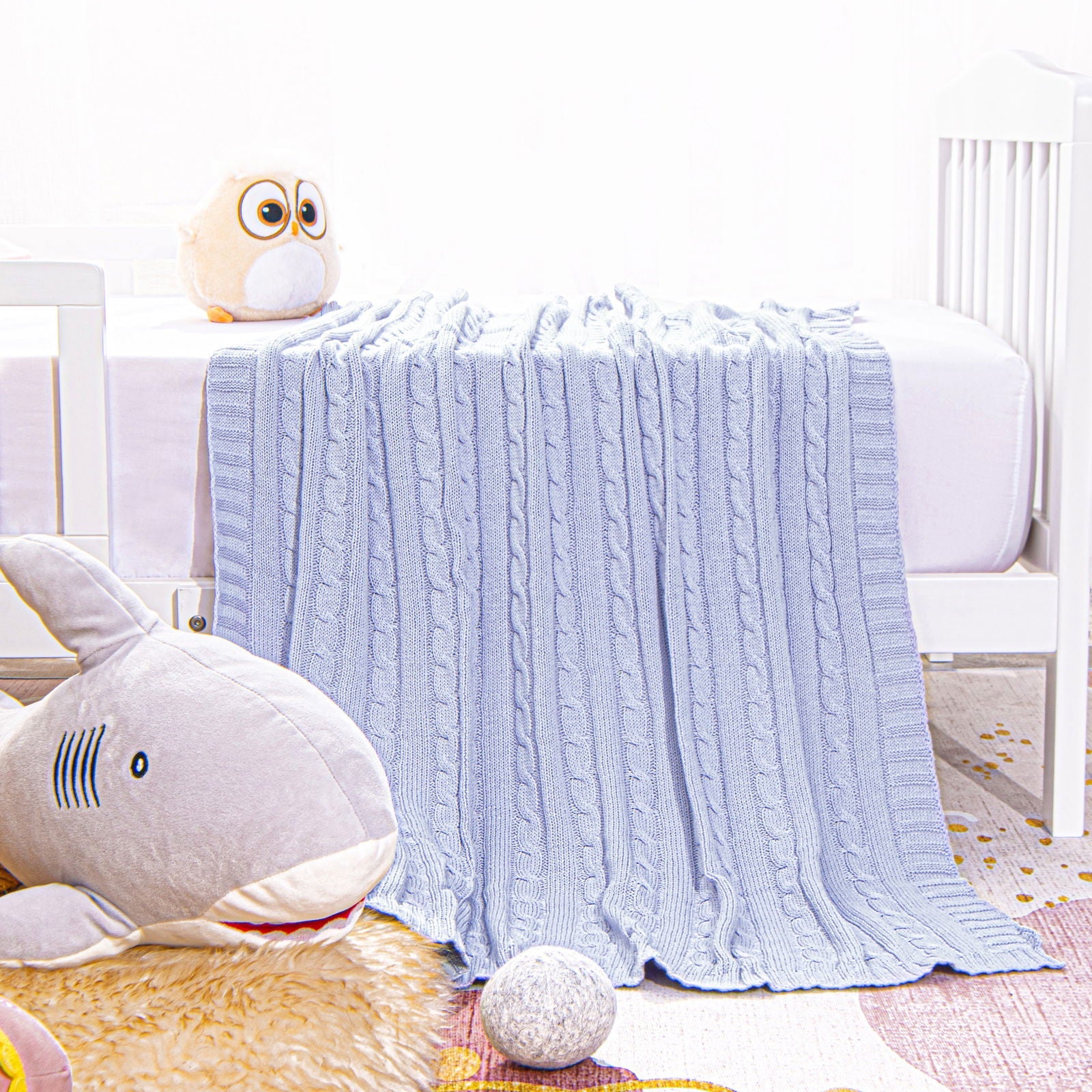 Cotton Cable Knitted Toddler Blanket size and color view by Fasiano