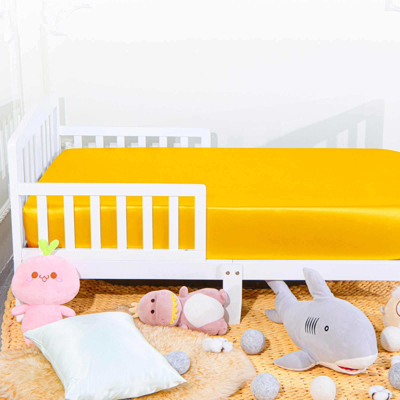 Solid Color Satin Toddler Fitted Sheet size and color view by Fasiano
